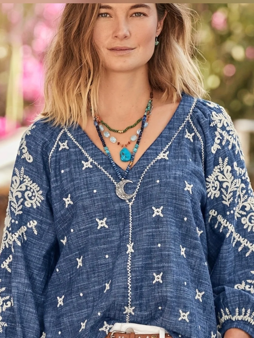 Sundance Blue Embroidered Peasant Top Blouse Breathable Cotton Boho Medium - Picture 1 of 12